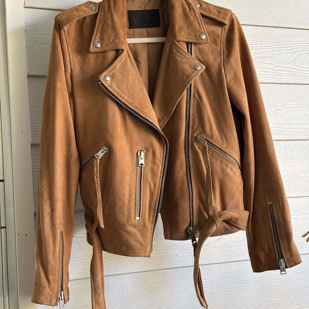 All Saints Tan Suede Leather Biker Jacket